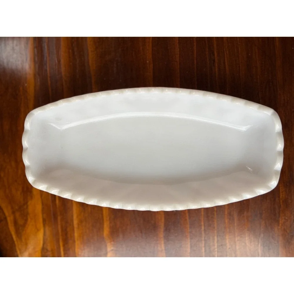 Vintage Milk Glass Relish Dish Scalloped Rim Starburst Pattern White Oval Tray
